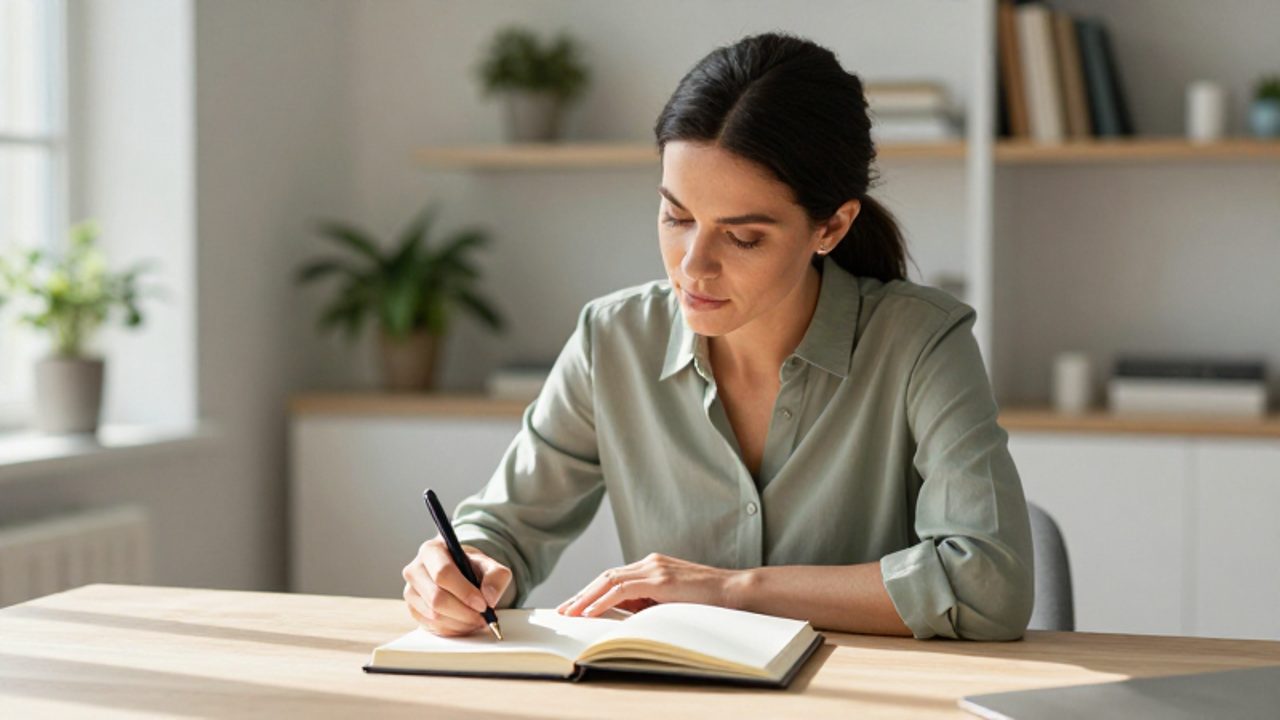 Mujer sentada en un escritorio luminoso escribiendo con calma en un diario físico durante un momento de reflexión personal.