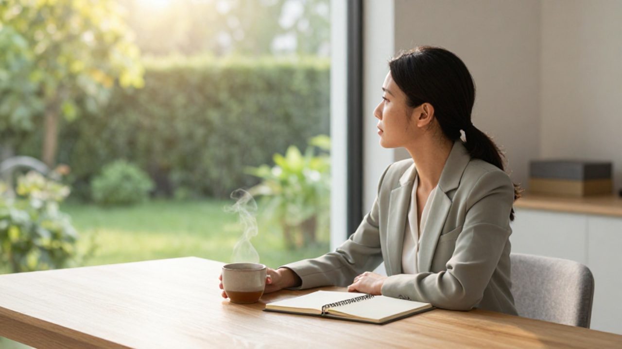Mujer profesional sentada en un escritorio minimalista, mirando pensativamente hacia un jardín a través de una ventana en un ambiente sereno.