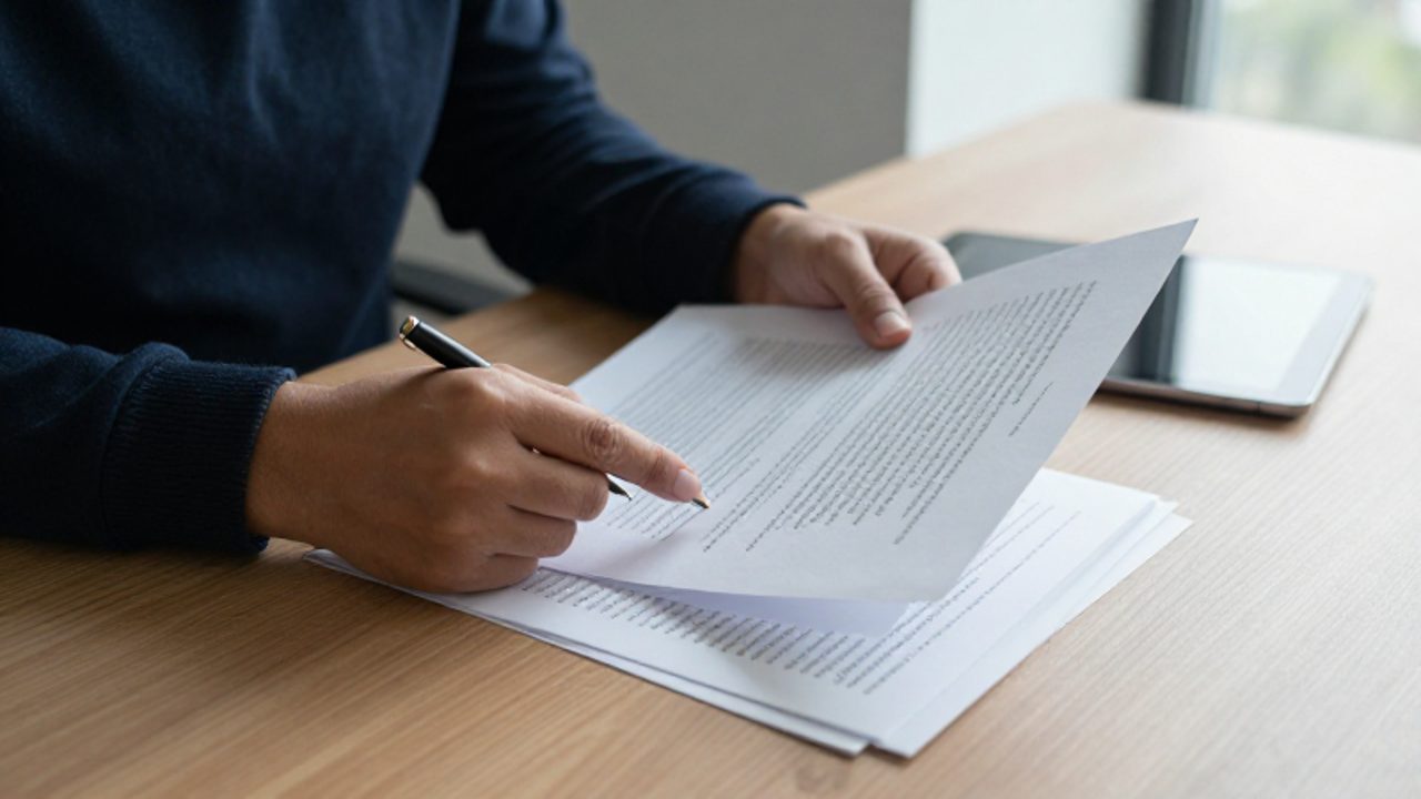 Manos de un profesional examinando documentos impresos y una tableta sobre un escritorio, señalando un texto con un bolígrafo para analizar la información.