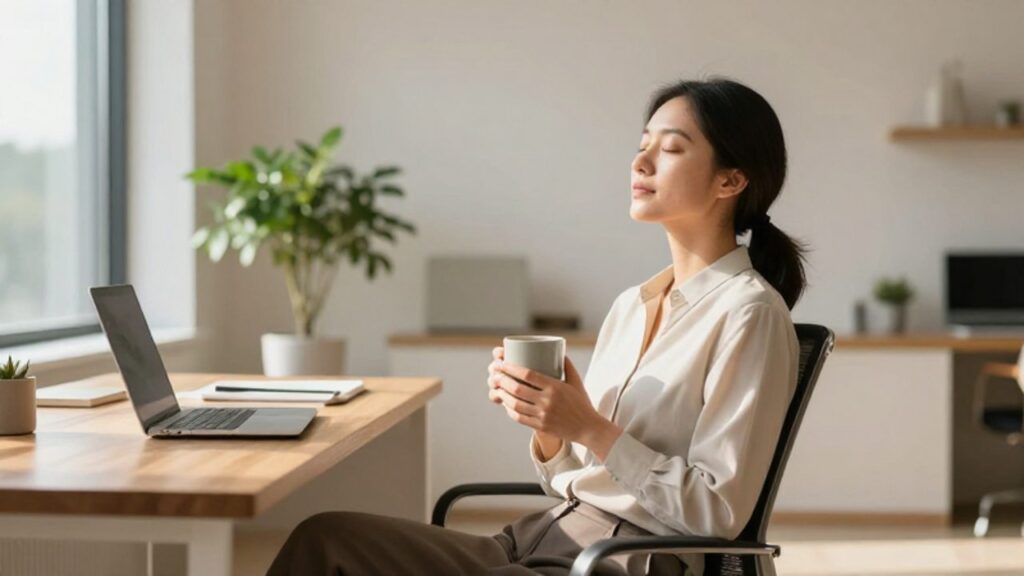 Persona relajada con los ojos cerrados y una taza de café en un escritorio ordenado y luminoso.