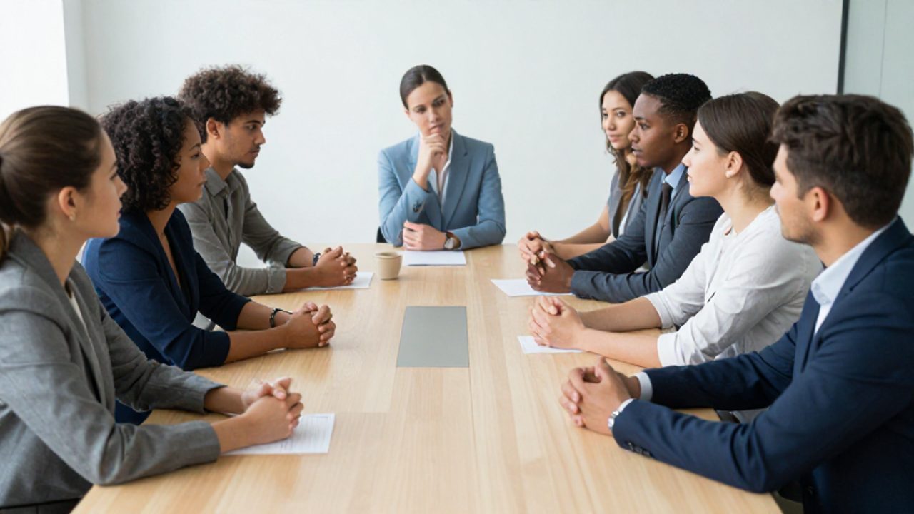 Un profesional observa pensativo un documento en una mesa de juntas, mientras el resto de su equipo asiente al unísono hacia una dirección común.