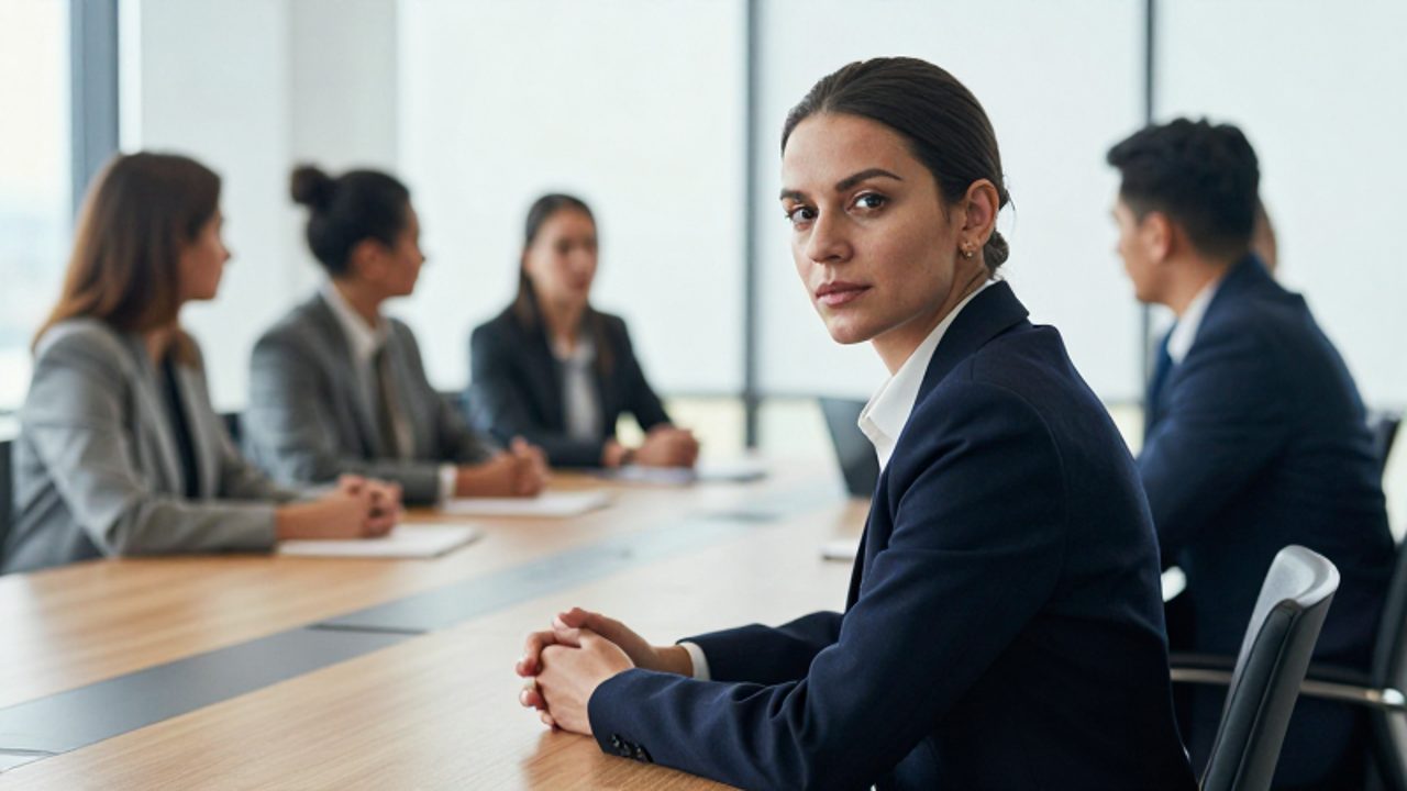 Persona profesional sentada en una mesa de reuniones, manteniendo una expresión tranquila y reflexiva mientras un grupo de colegas conversa desenfocado al fondo.