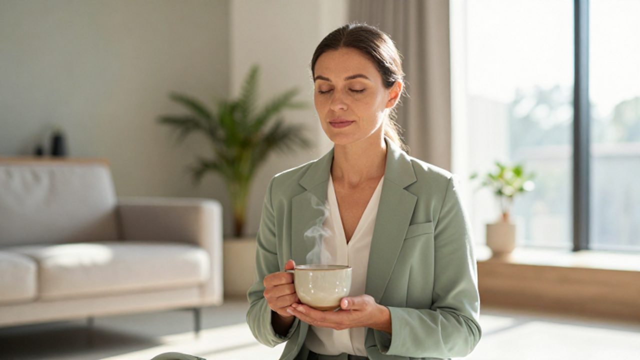 Mujer con expresión serena meditando sentada en una sala luminosa mientras sostiene una taza de té caliente.