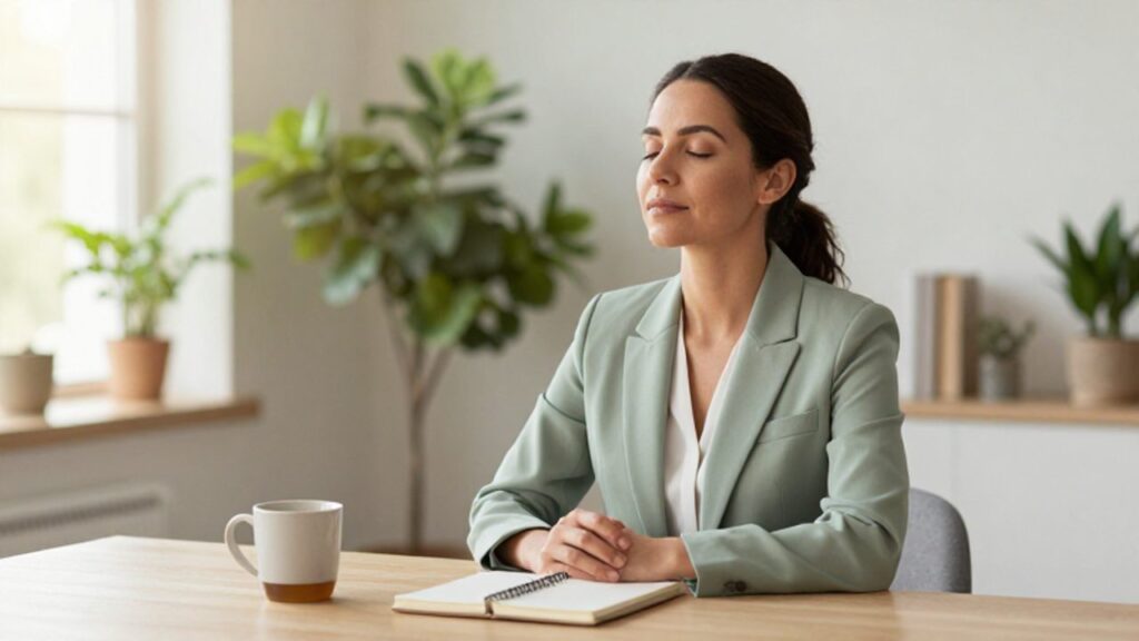 Mujer sentada en un escritorio luminoso con los ojos cerrados, practicando un momento de respiración consciente en un entorno tranquilo.
