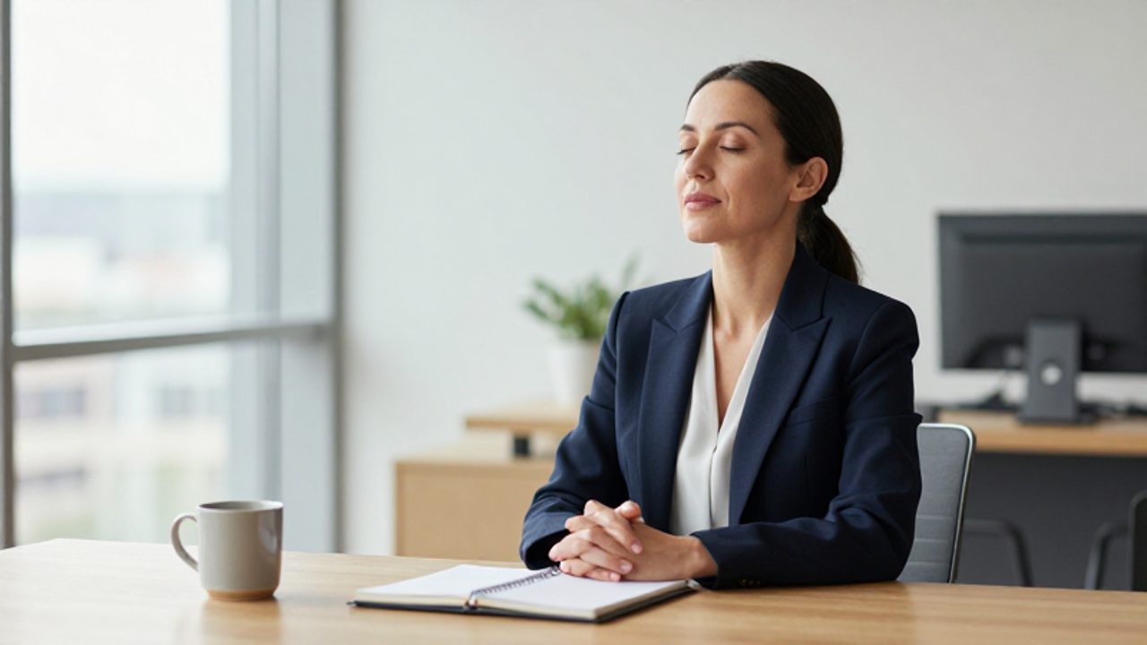 Mujer profesional sentada en su escritorio de oficina con expresión tranquila y segura en un ambiente de trabajo luminoso y ordenado.