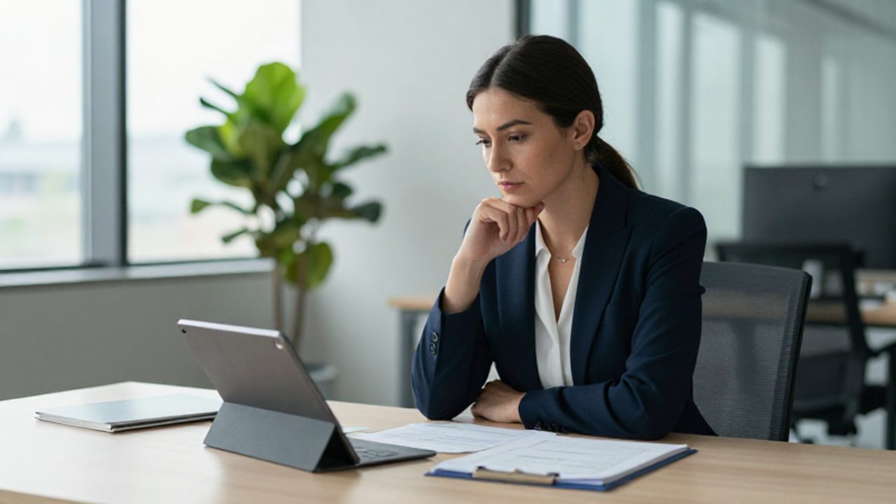 Mujer profesional sentada en un escritorio moderno, observando documentos con expresión reflexiva en una oficina luminosa.