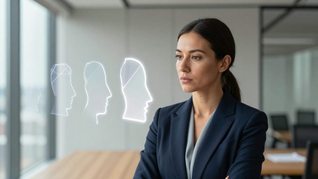 Mujer profesional analiza con expresión concentrada perfiles geométricos brillantes que flotan frente a ella en una oficina moderna.