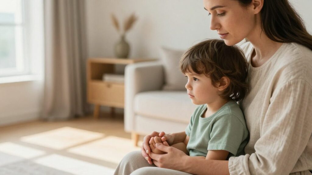 Mujer adulta sostiene con calma las manos de un niño en una sala iluminada, transmitiendo serenidad y apoyo emocional.