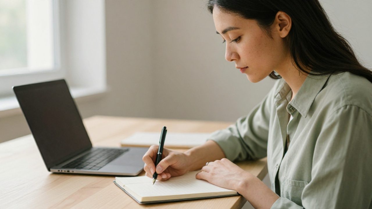Mujer sentada en un escritorio luminoso, escribiendo con calma en un cuaderno para practicar la reflexión personal.