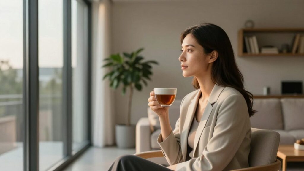 Mujer sentada en un salón minimalista contemplando el paisaje por el ventanal con una expresión tranquila y reflexiva.