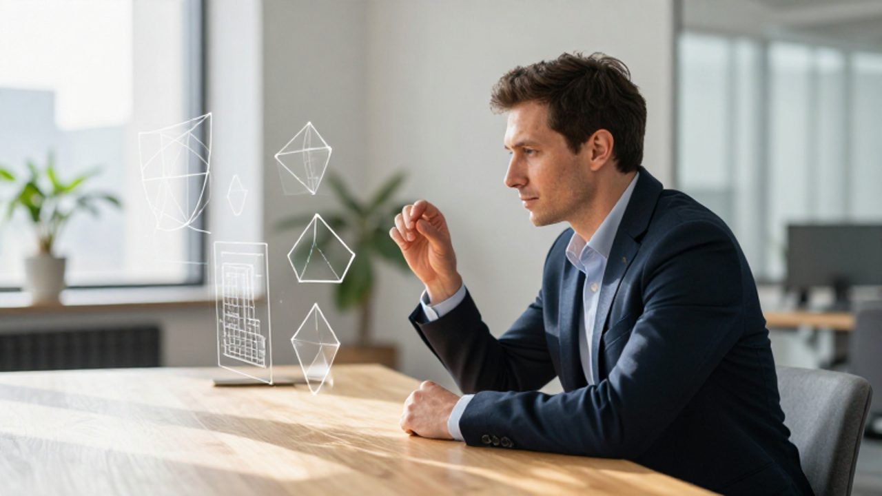 Hombre concentrado en una oficina moderna analizando figuras geométricas flotantes que sugieren procesos de pensamiento complejo.