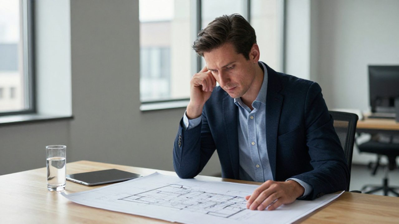 Un hombre observa con atención un plano arquitectónico complejo sobre un escritorio en una oficina moderna y luminosa.