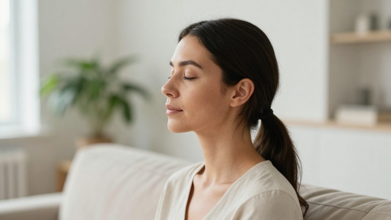 Mujer con expresión serena y ojos cerrados sentada en una sala luminosa y minimalista, transmitiendo calma y presencia.