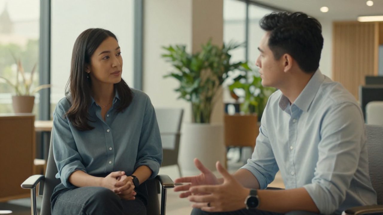 Dos colegas mantienen una conversación calmada y empática sentados en una oficina moderna y luminosa.