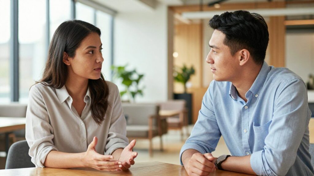 Dos profesionales mantienen una conversación empática y de escucha activa en una oficina moderna y luminosa.