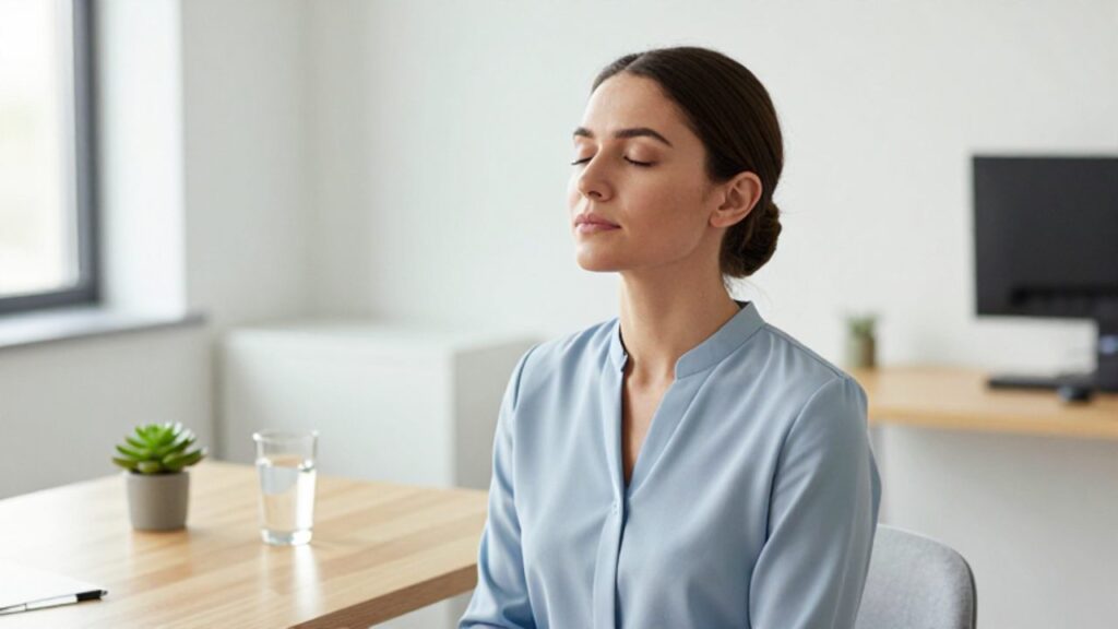 Mujer profesional sentada en un escritorio luminoso con los ojos cerrados, practicando técnicas de respiración para relajarse.