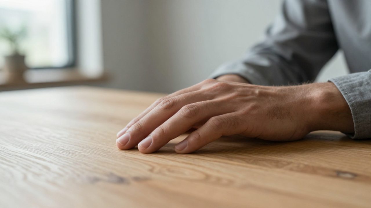 Manos de una persona presionando suavemente una mesa de madera para representar el contacto táctil y la conexión con el presente.