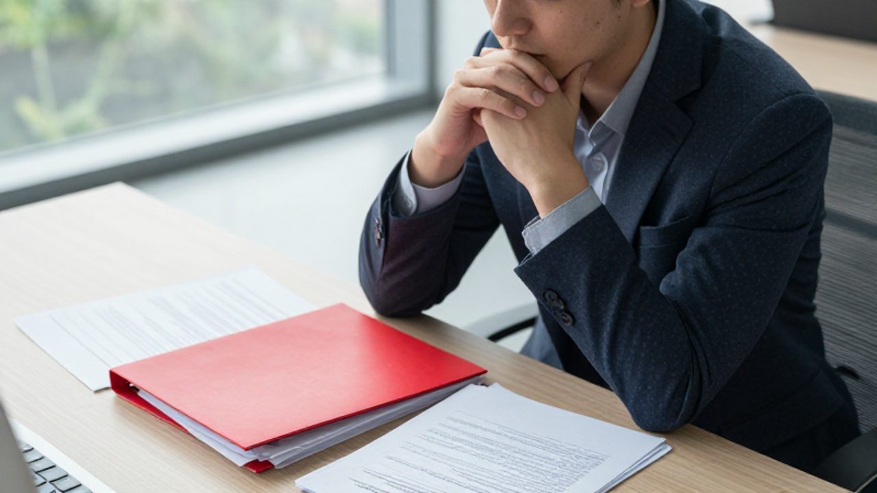 Persona de negocios sentada en un escritorio de oficina, reflexionando con gesto pensativo ante una pila de documentos y una carpeta de color rojo llamativo.