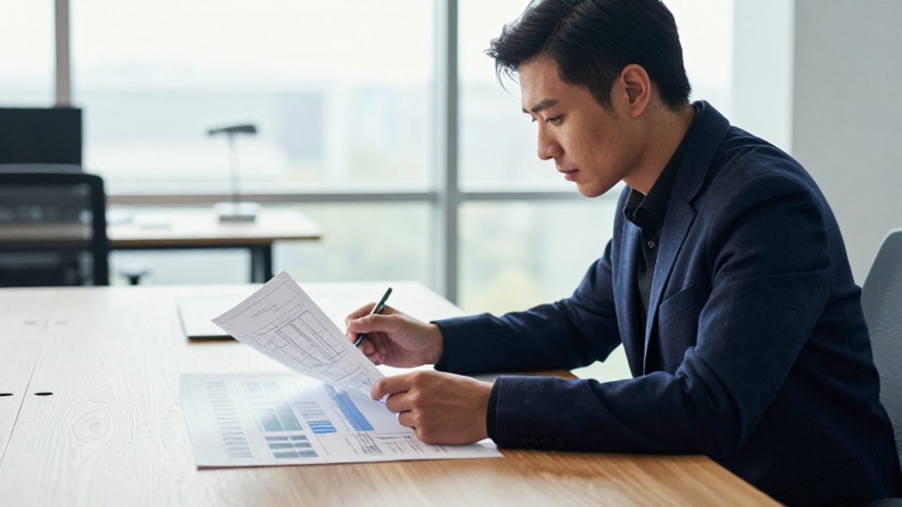 Persona concentrada analizando planos y gráficos de datos sobre un escritorio en una oficina luminosa.