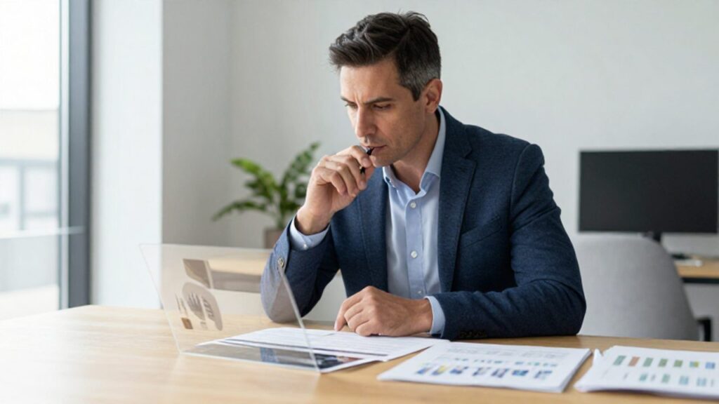 Hombre profesional concentrado analizando gráficos y datos en un escritorio de oficina moderno.
