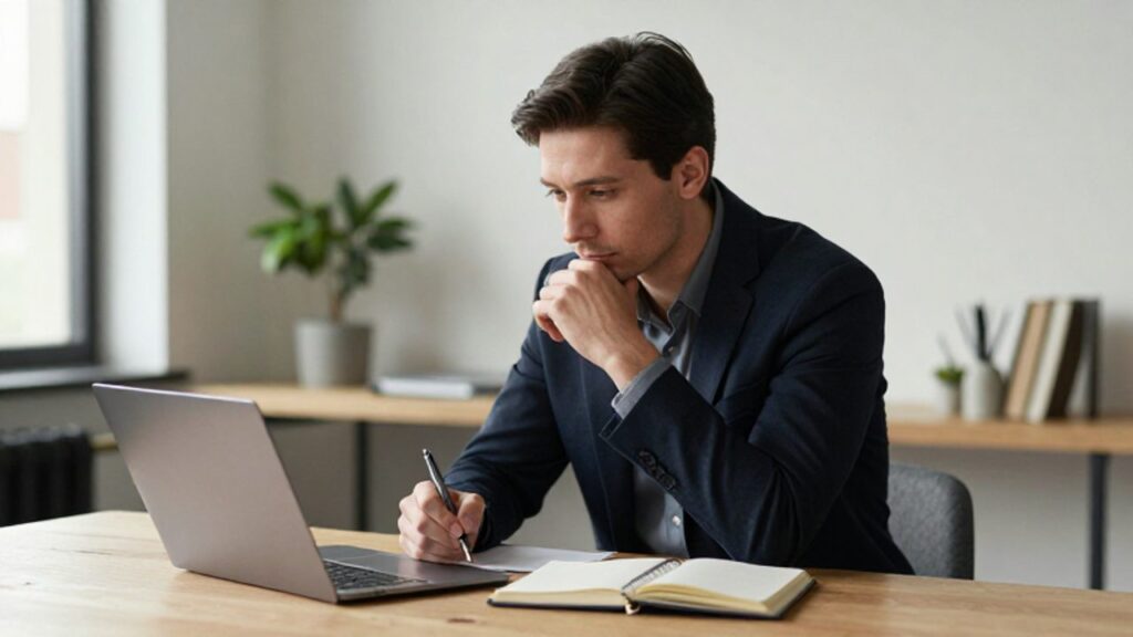 Hombre de mediana edad sentado en un escritorio moderno, haciendo una pausa en su trabajo para escribir reflexivamente en un diario.