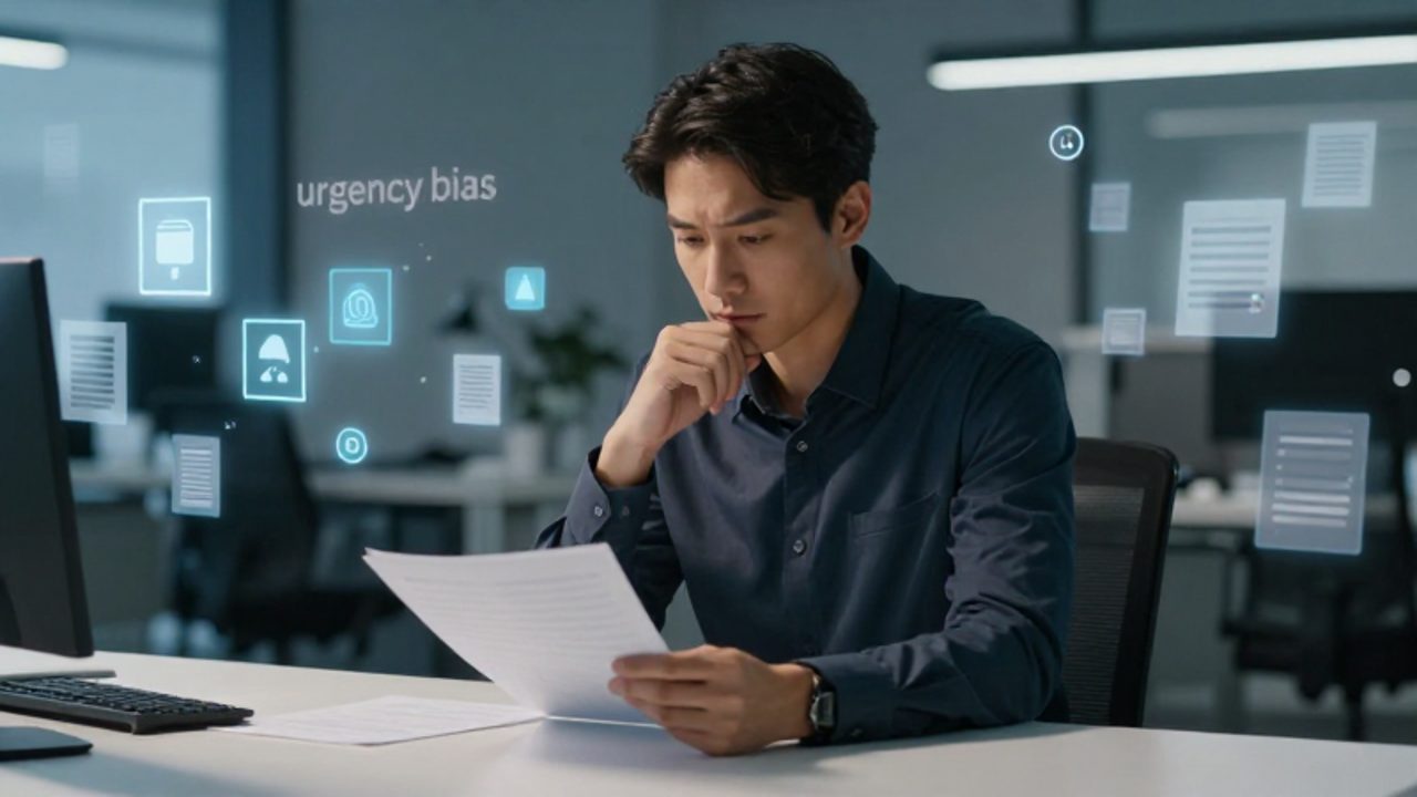 Hombre sentado en un escritorio moderno que observa con calma un planificador físico mientras iconos de notificaciones digitales flotan desenfocados a su alrededor.