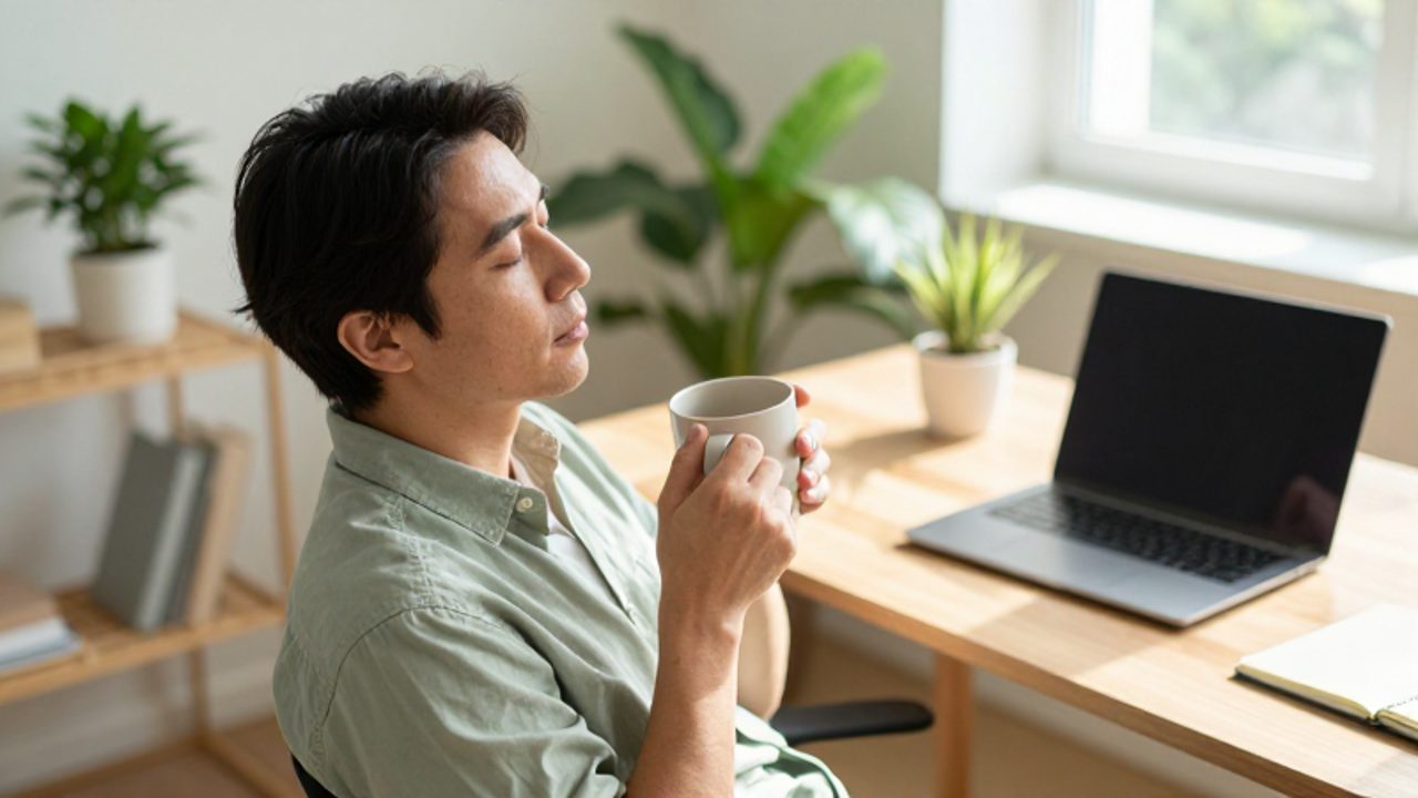 Persona relajada con los ojos cerrados y sosteniendo una taza de cerámica en un escritorio ordenado, disfrutando de un momento de descanso en un entorno de trabajo luminoso y tranquilo.