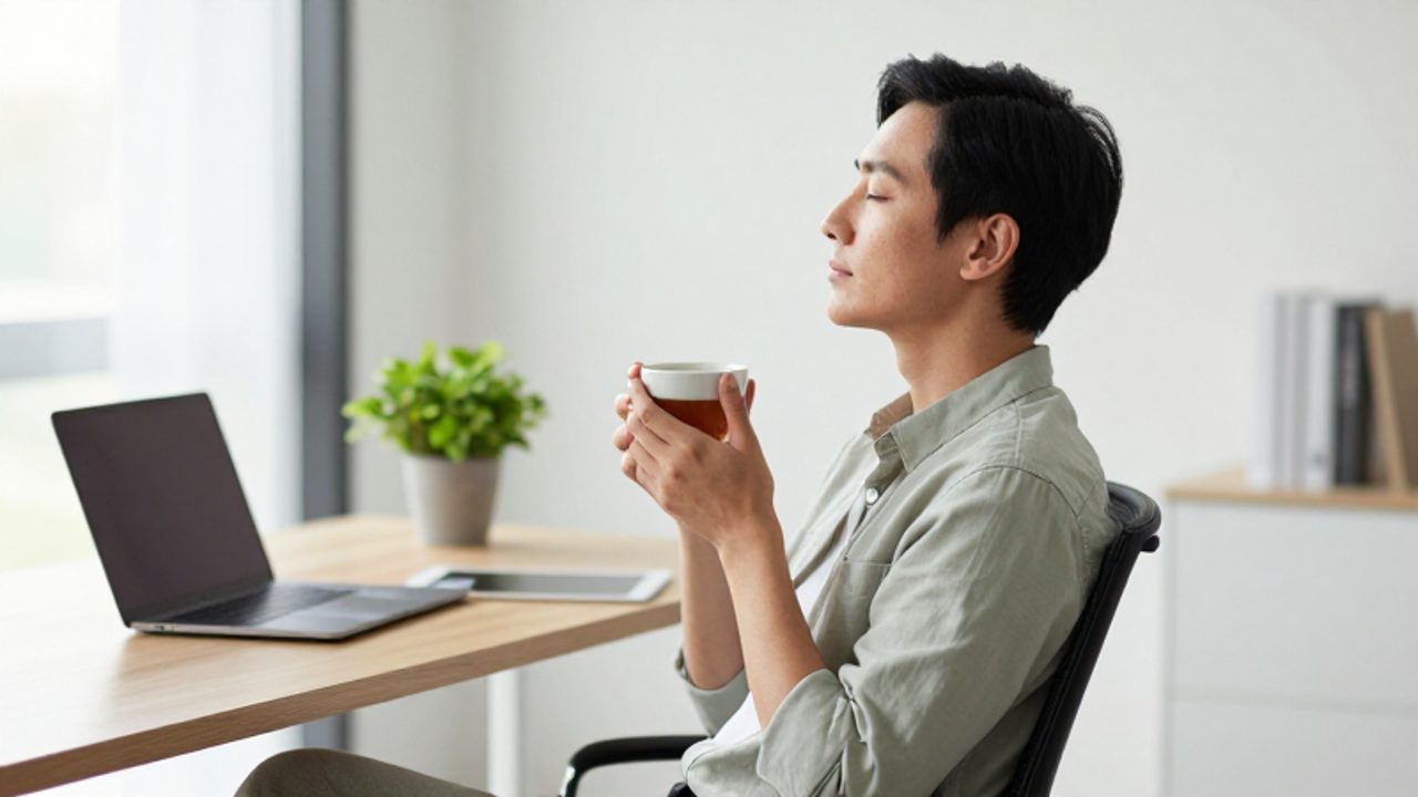 Persona relajada con los ojos cerrados y una taza de té en las manos, descansando en su oficina moderna y luminosa.