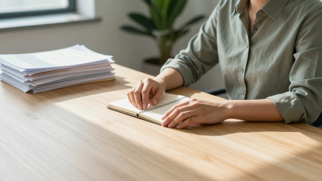 Persona sentada en un escritorio ordenado, manteniendo una postura tranquila y pausada frente a unos papeles desordenados para simbolizar la claridad mental.
