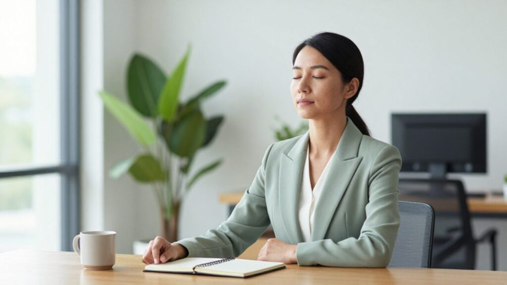 Mujer profesional sentada en su escritorio con expresión serena y ojos cerrados, practicando un momento de reflexión reflexiva en una oficina luminosa.