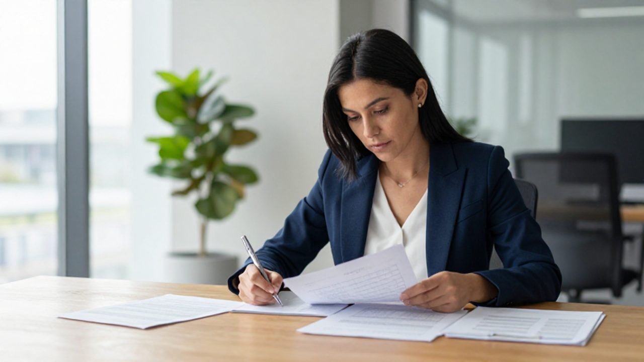 Mujer profesional analiza documentos con atención en un escritorio de oficina, demostrando un proceso de evaluación objetiva.