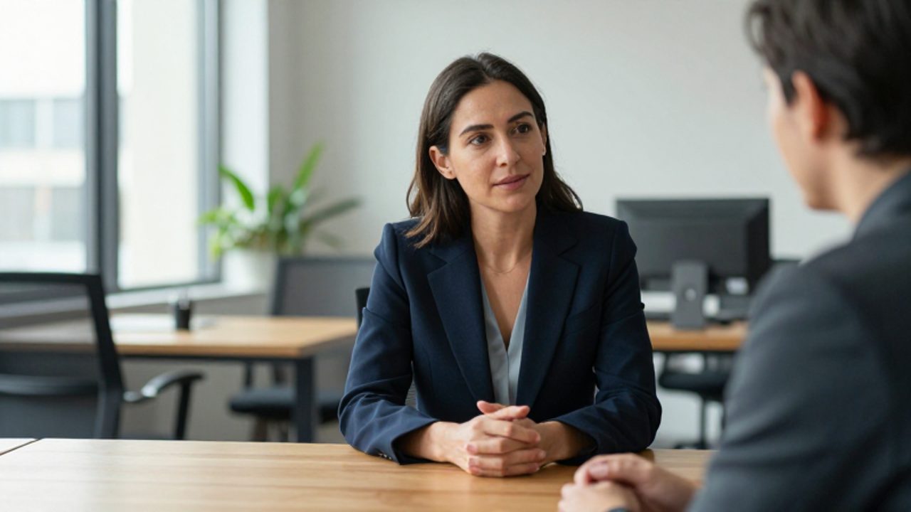 Mujer profesional sentada en un escritorio de oficina manteniendo una conversación empática y de escucha activa con un colega.