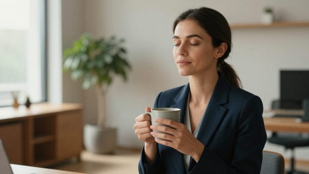 Mujer profesional sentada en un despacho luminoso con los ojos cerrados y expresión serena, sosteniendo una taza mientras practica un momento de reflexión y calma.