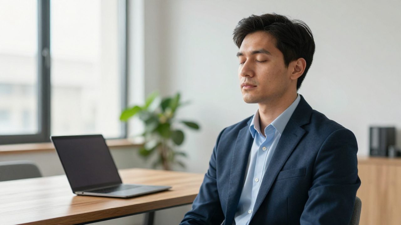 Hombre de mediana edad con los ojos cerrados en un gesto de concentración profunda mientras practica la visualización mental en una oficina moderna y despejada.