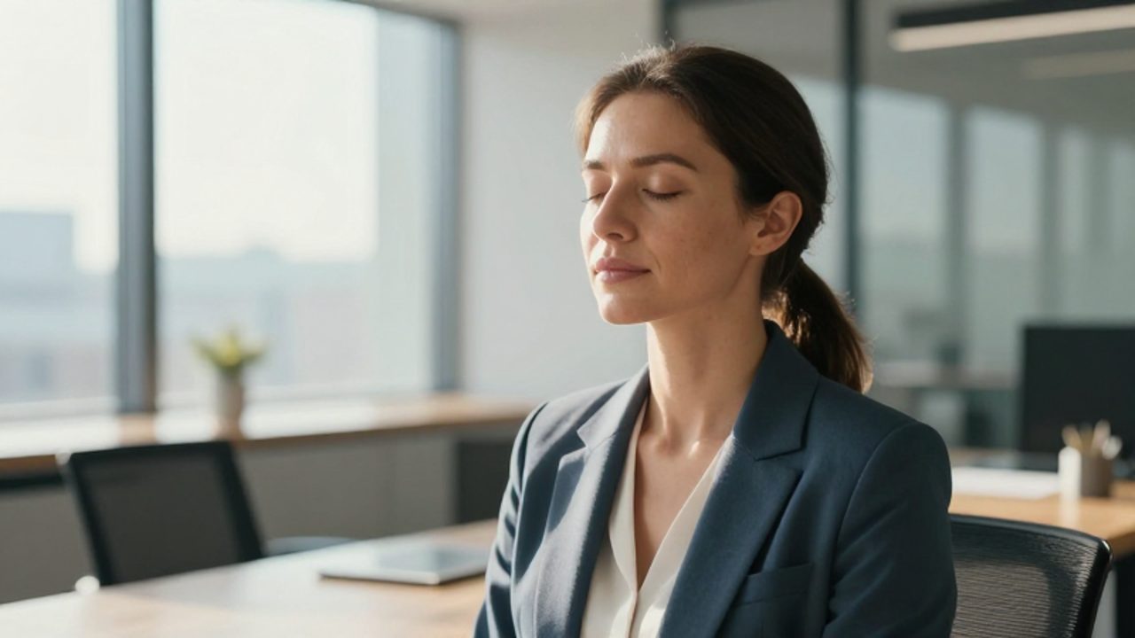Mujer profesional con los ojos cerrados en una oficina luminosa, manteniendo una expresión serena mientras practica la visualización mental.
