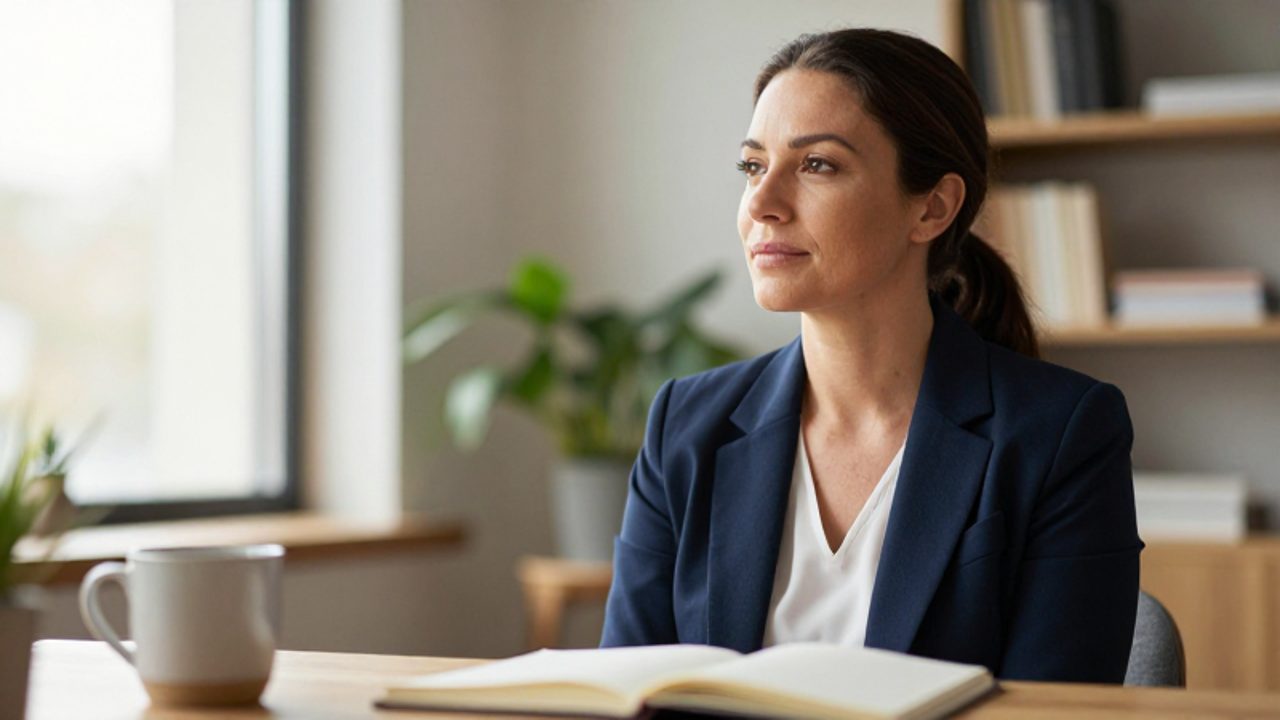 Mujer con expresión serena y contemplativa sentada en un estudio luminoso frente a un escritorio con un cuaderno abierto, transmitiendo calma y reflexión.