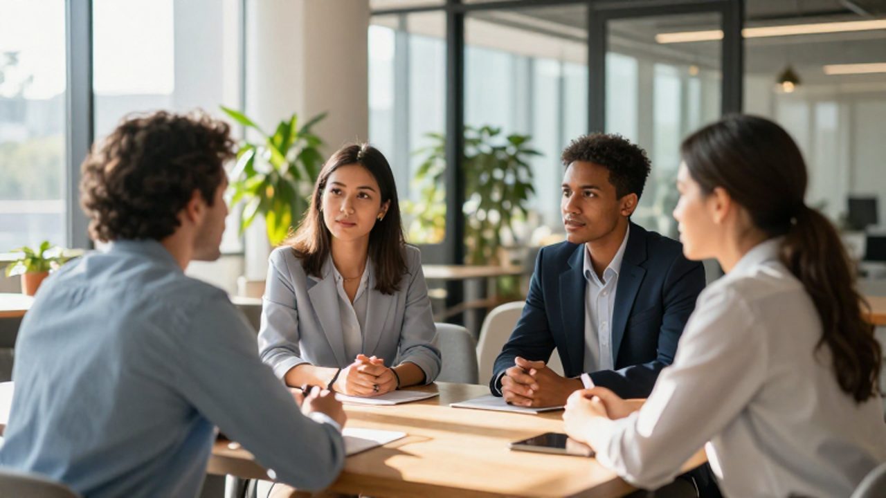 Un equipo de profesionales diversos mantiene una conversación empática y colaborativa alrededor de una mesa en una oficina luminosa y moderna.