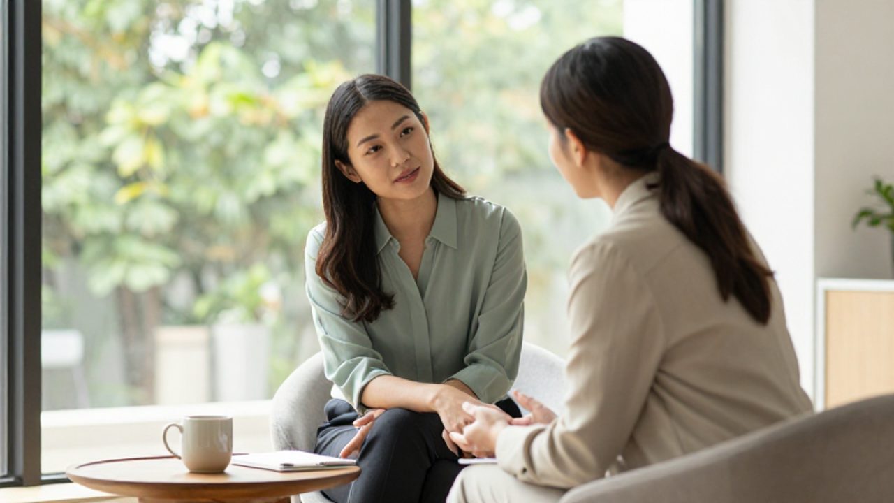 Una mujer conversa con una terapeuta en una oficina luminosa, mostrando una actitud de apertura y alivio durante la sesión.