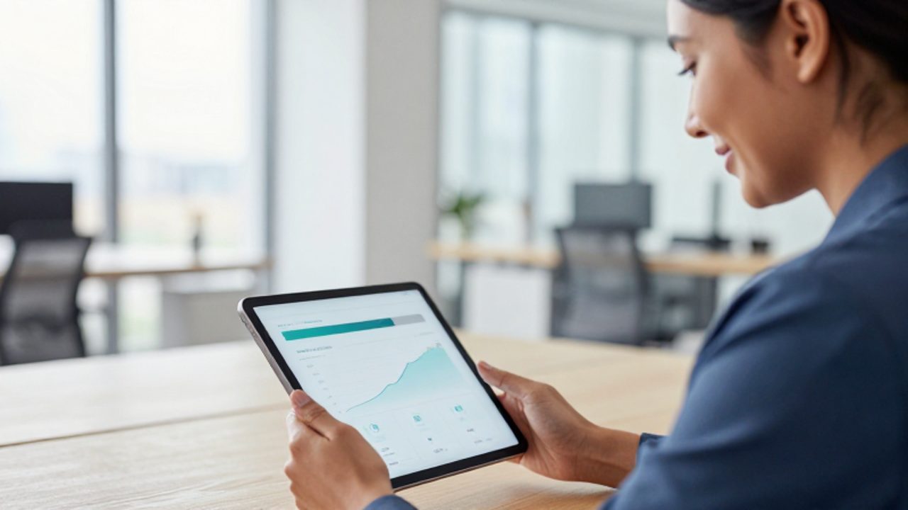 Mujer profesional observa con satisfacción una tableta digital que muestra una barra de progreso e iconos de logros en una oficina moderna.