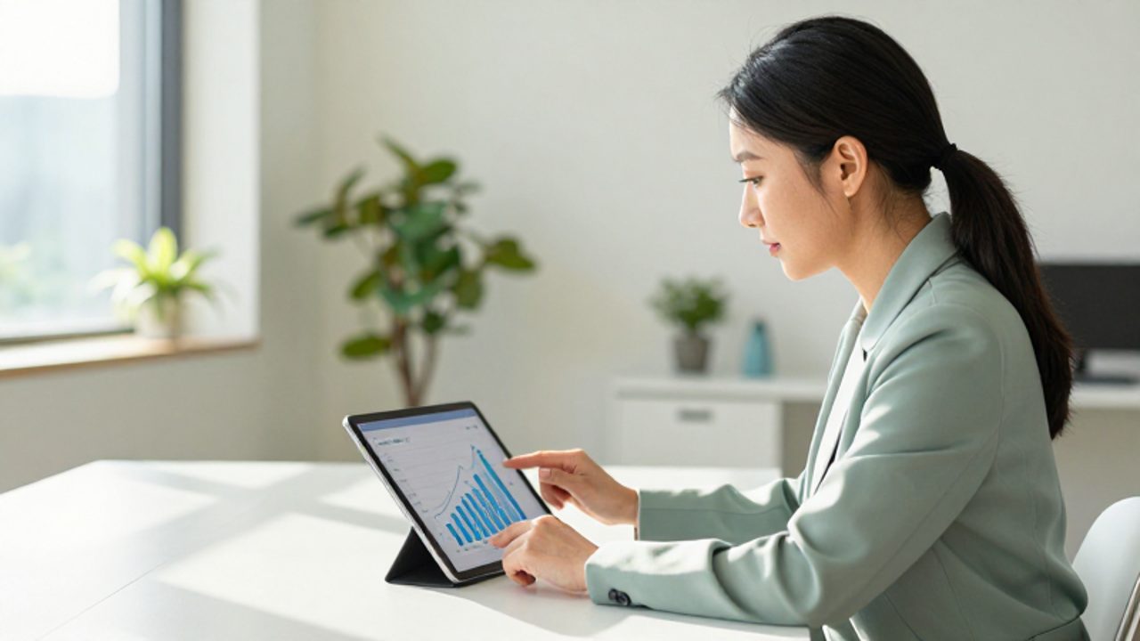Mujer profesional en una oficina luminosa revisando con calma un panel de progreso y objetivos en una tableta digital.