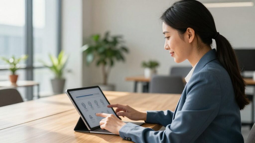 Mujer profesional con expresión de satisfacción revisa una tablet que muestra iconos de logros y una barra de progreso en una oficina luminosa.
