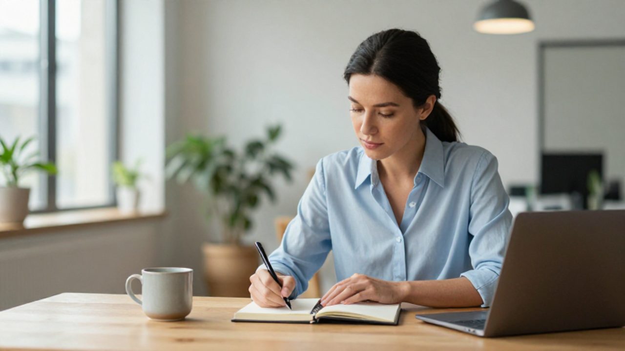 Mujer profesional concentrada escribiendo en una agenda sobre un escritorio ordenado en una oficina luminosa y tranquila.