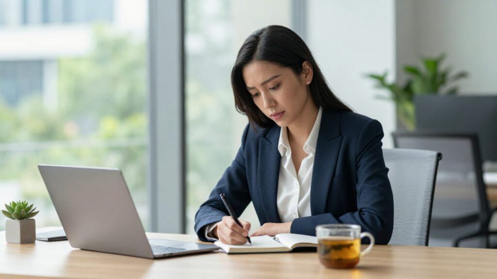 Mujer profesional sentada en un escritorio ordenado, escribiendo con calma en un cuaderno en un entorno de oficina luminoso y sereno.