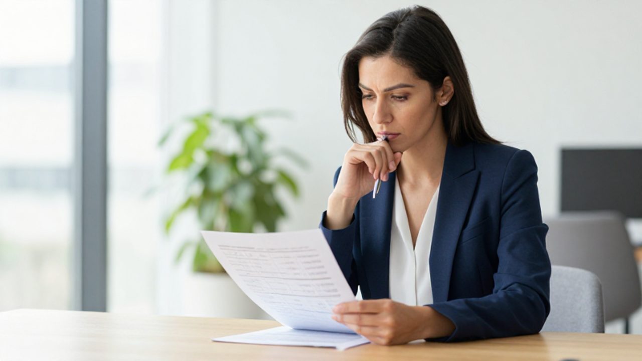 Mujer profesional analiza con atención informes impresos en un escritorio de oficina, representando un proceso de evaluación crítica y concentrada.