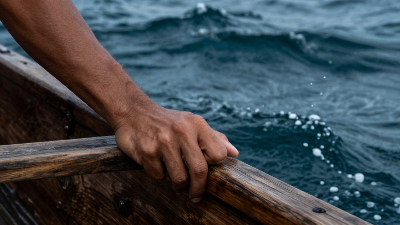 Manos sujetando con firmeza el borde de una balsa de madera en medio de un mar agitado y con olas grandes.