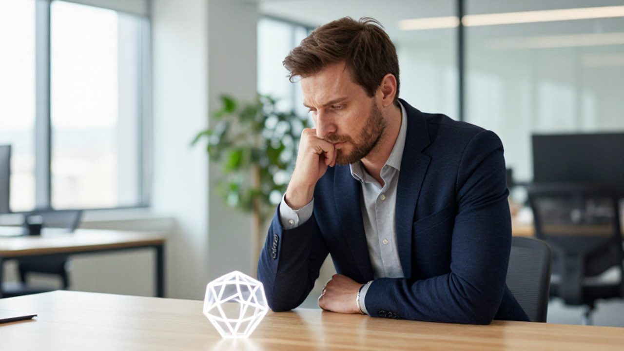 Un hombre en una oficina moderna observa con expresión pensativa una forma geométrica brillante que simboliza un dilema o encrucijada mental.