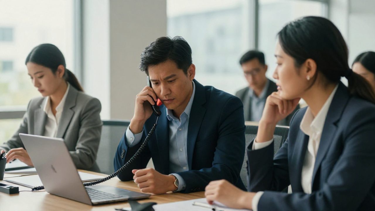 Un compañero observa con empatía a un colega distraído por el desorden y un teléfono sonando en una oficina moderna.