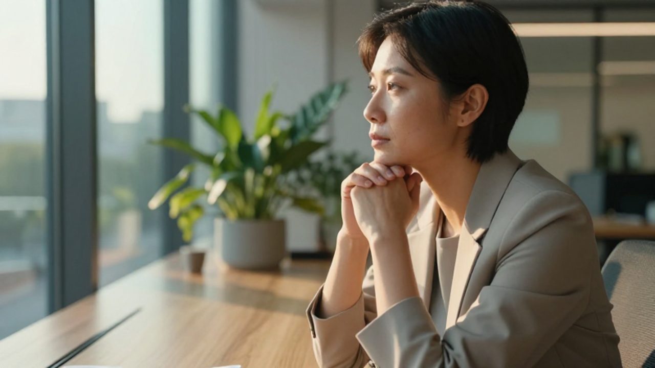 Persona profesional sentada en un escritorio moderno, mirando pensativamente por la ventana con expresión de calma y serenidad.