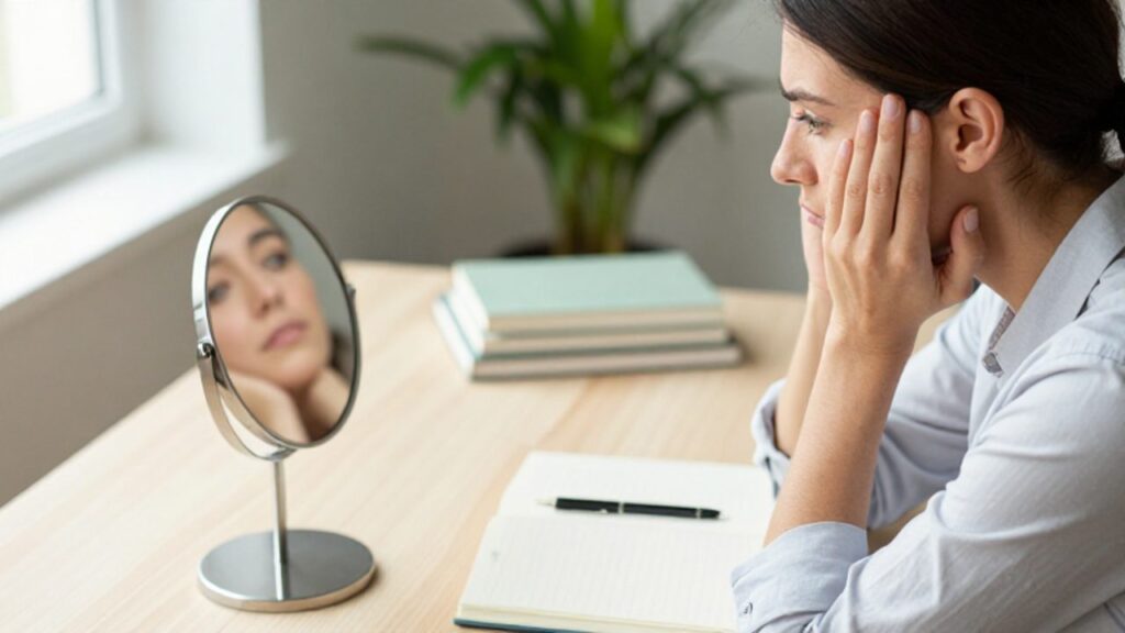 Mujer sentada en un escritorio iluminado observa su reflejo en un pequeño espejo con expresión de reflexión.