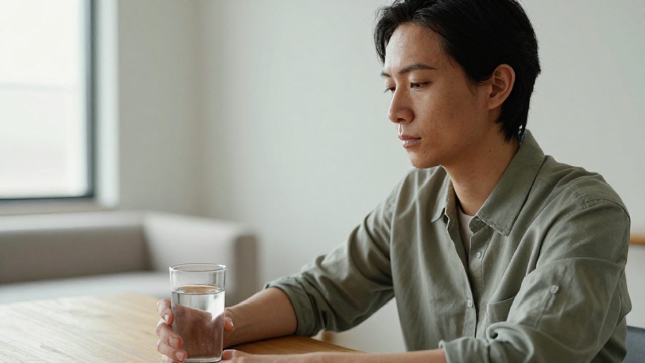 Persona sentada a una mesa en una habitación luminosa con expresión de reflexión y calma.